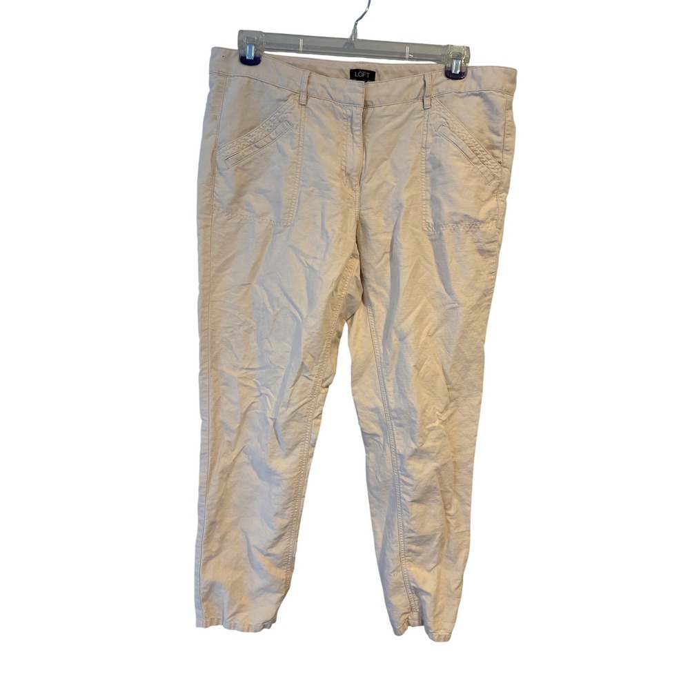 Ann Taylor Loft Womens Beige Utility Chino Pants Size 12 Tapered Leg Slub Fabric